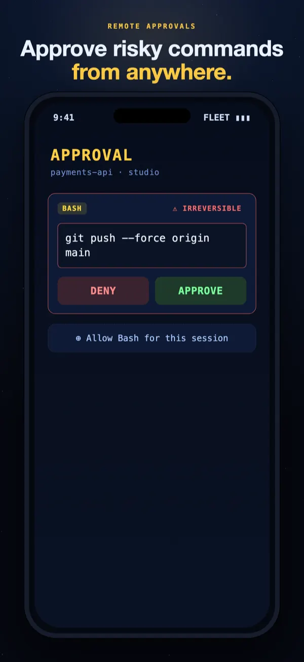 Approving a Claude Code command remotely from an iPhone: a git force-push request with Approve and Deny buttons.