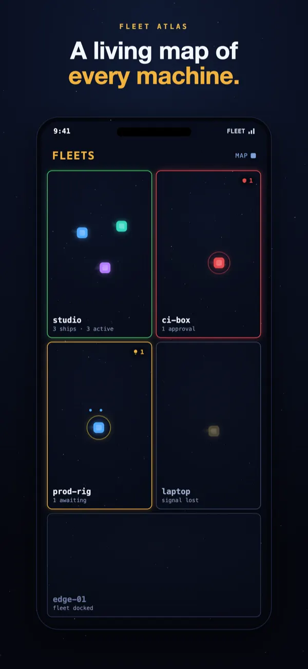 Fleet Atlas on iPhone: every machine as a territory with its Claude Code sessions drifting inside, one marked signal lost.