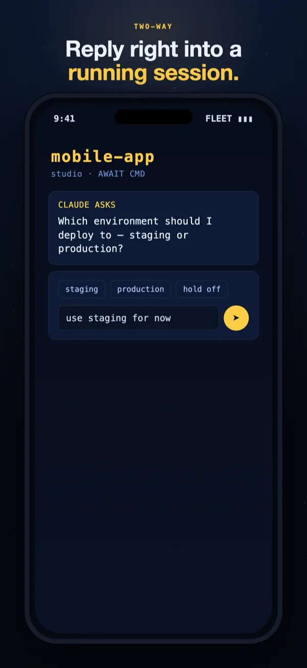 Answering a Claude Code agent's question by typing a reply on an iPhone, straight into the running session.